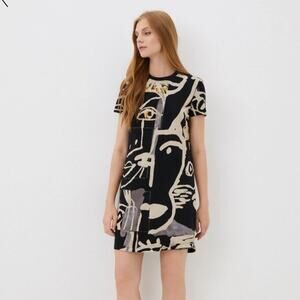 Desigual x Mariscal Yellow Eyes Abstract Face Cotton Dress Plus Size XXL NWT